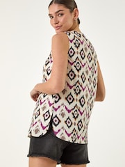 Roman Red Ikat Print Pleat V-Neck Vest Top - Image 3 of 4