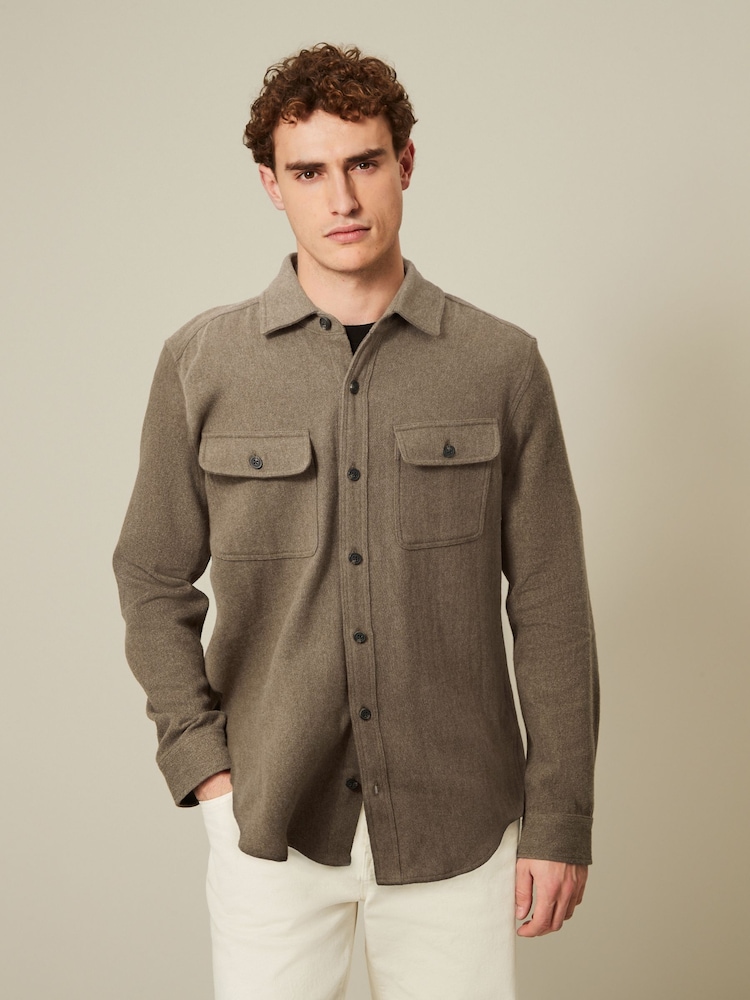 Brown Brushed 100% Cotton Twin Pocket Shacket - Image 1 of 7