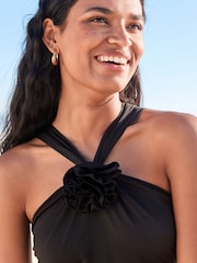 Black Corsage Trim Halterneck Tummy Control Swimsuit - Image 3 of 6