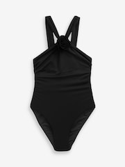 Black Corsage Trim Halterneck Tummy Control Swimsuit - Image 5 of 6