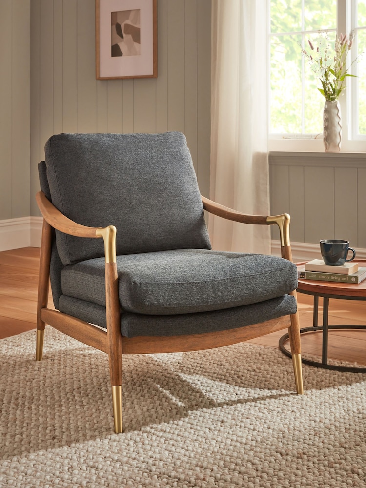 Tweedy Plain Dark Grey Flinton Wooden Walnut Effect Leg Accent Chair - Image 1 of 7