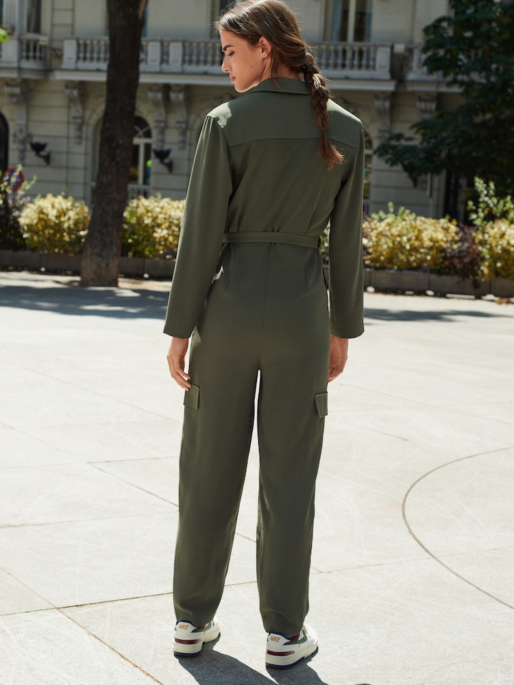 Khaki Green Long Sleeve Utility Jumpsuit - Image 2 of 5