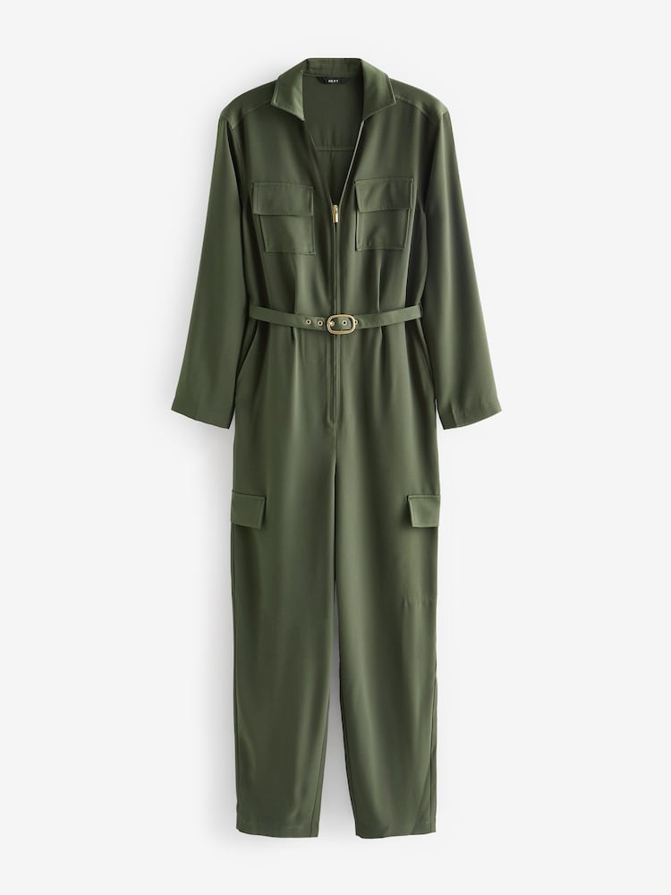 Khaki Green Long Sleeve Utility Jumpsuit - Image 4 of 5