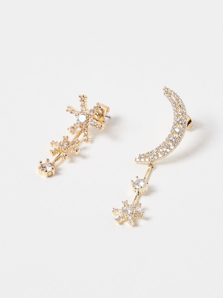 Oliver Bonas Gold Tone Iris Mismatch Stars & Moon Drop Earrings - Image 2 of 6