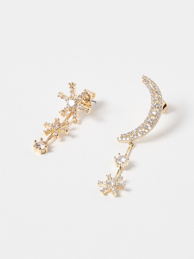 Oliver Bonas Gold Tone Iris Mismatch Stars & Moon Drop Earrings - Image 2 of 6 Oliver Bonas Gold Tone Iris Mismatch Stars & Moon Drop Earrings - Image 2 of 6