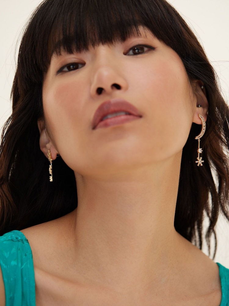 Oliver Bonas Gold Tone Iris Mismatch Stars & Moon Drop Earrings - Image 6 of 6