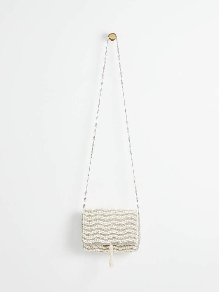 Oliver Bonas Cream Myleah Beaded Pearl Clutch Bag - Image 1 of 6