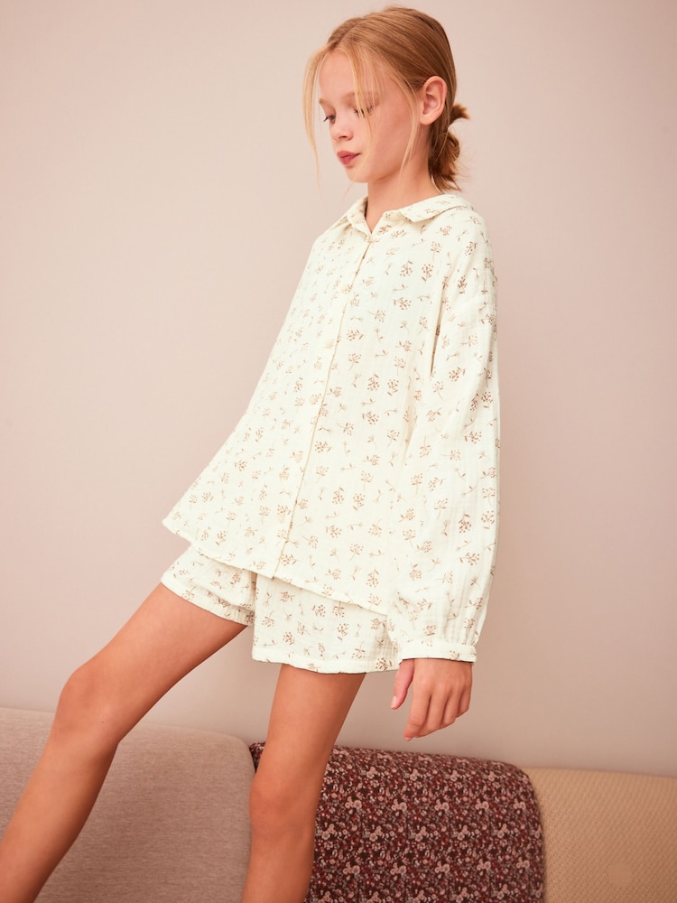 Neutral Floral Print Button Through Short Pyjamas (6-16yrs) - Image 1 of 8