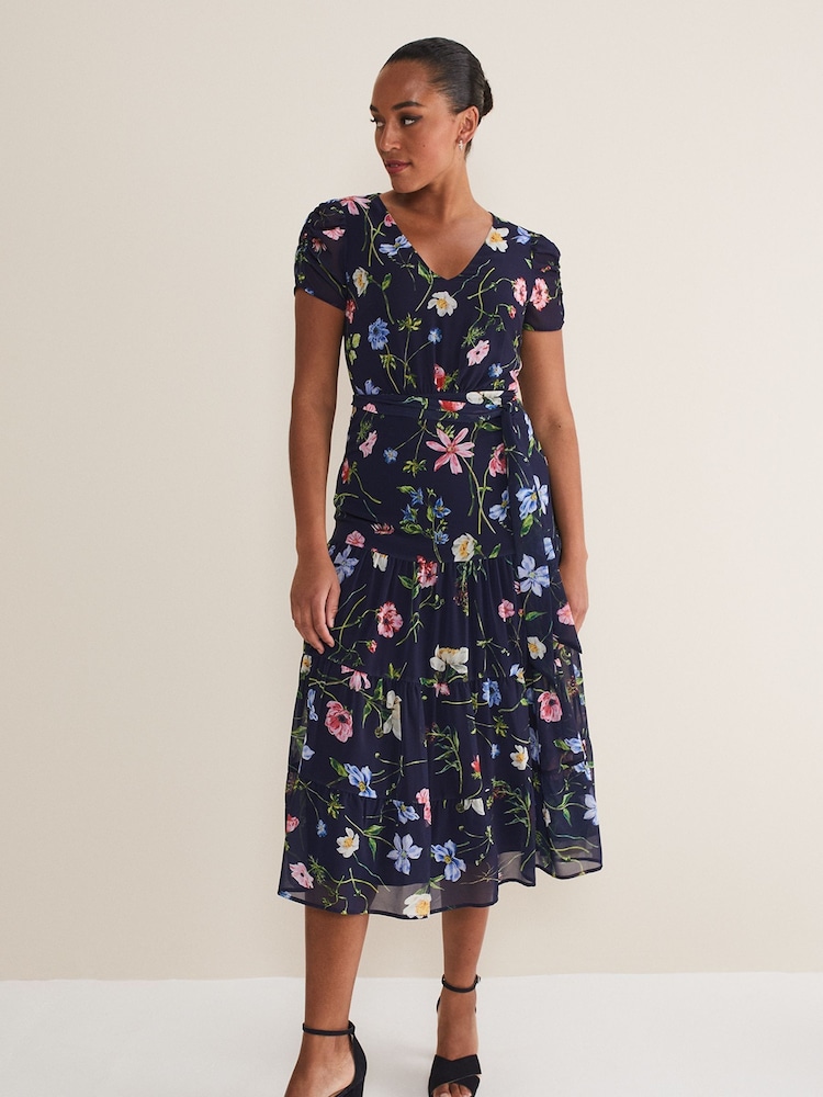 Phase Eight Blue Petite Lola Floral Tiered Midi Dress - Image 1 of 6