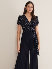 Phase Eight Blue Molli Spot Pleated Jumpsuit - Image 3 of 7