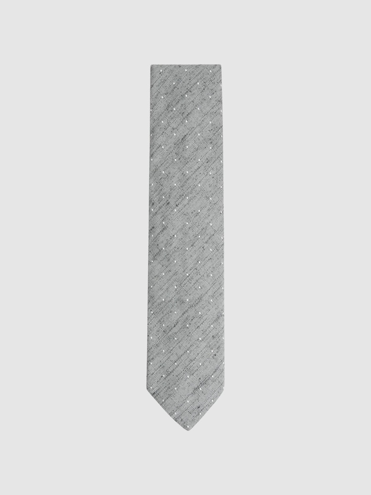 Reiss Soft Grey Levanzo Silk Textured Polka Dot Tie - Image 1 of 5