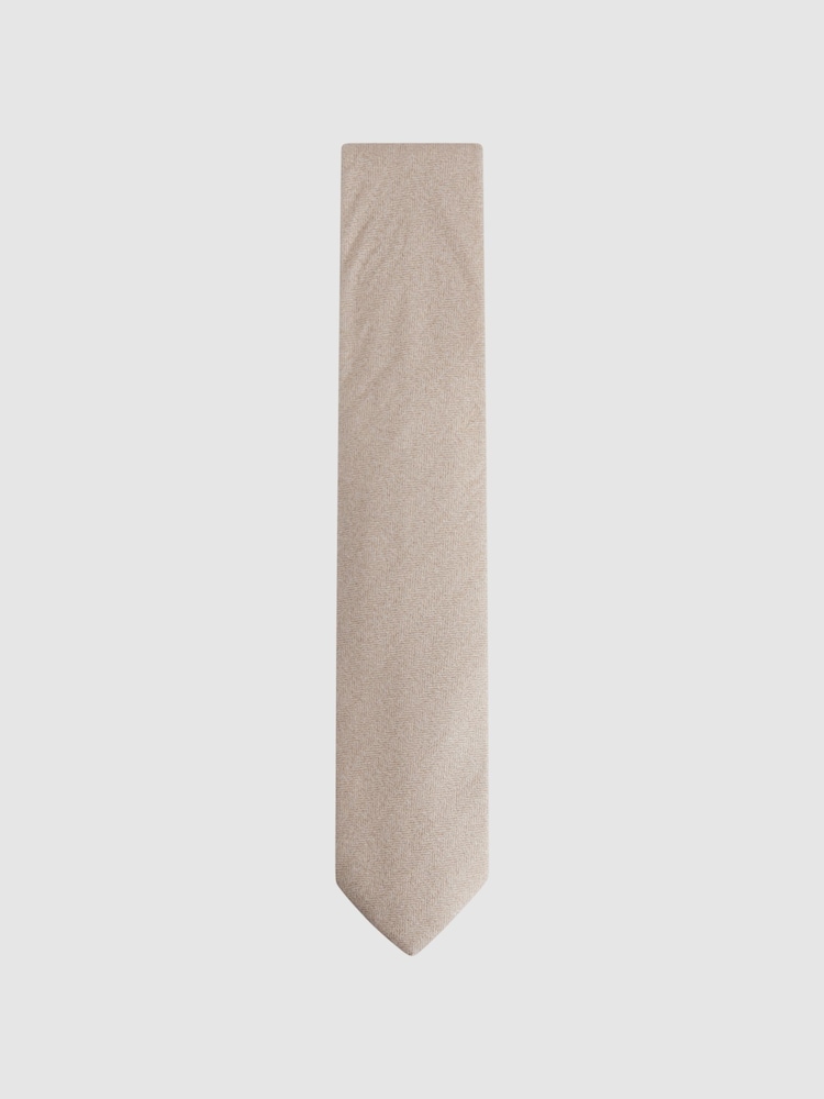 Reiss Oatmeal Melange Cres Brushed Cotton Herringbone Tie - Image 1 of 5