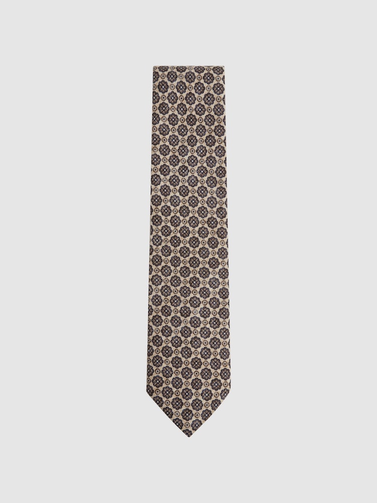Reiss Oatmeal Melange/Navy Antioco Silk Floral Medallion Tie - Image 1 of 4