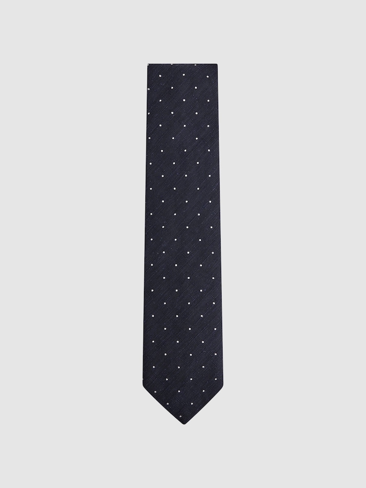 Reiss Navy Levanzo Silk Textured Polka Dot Tie - Image 1 of 5