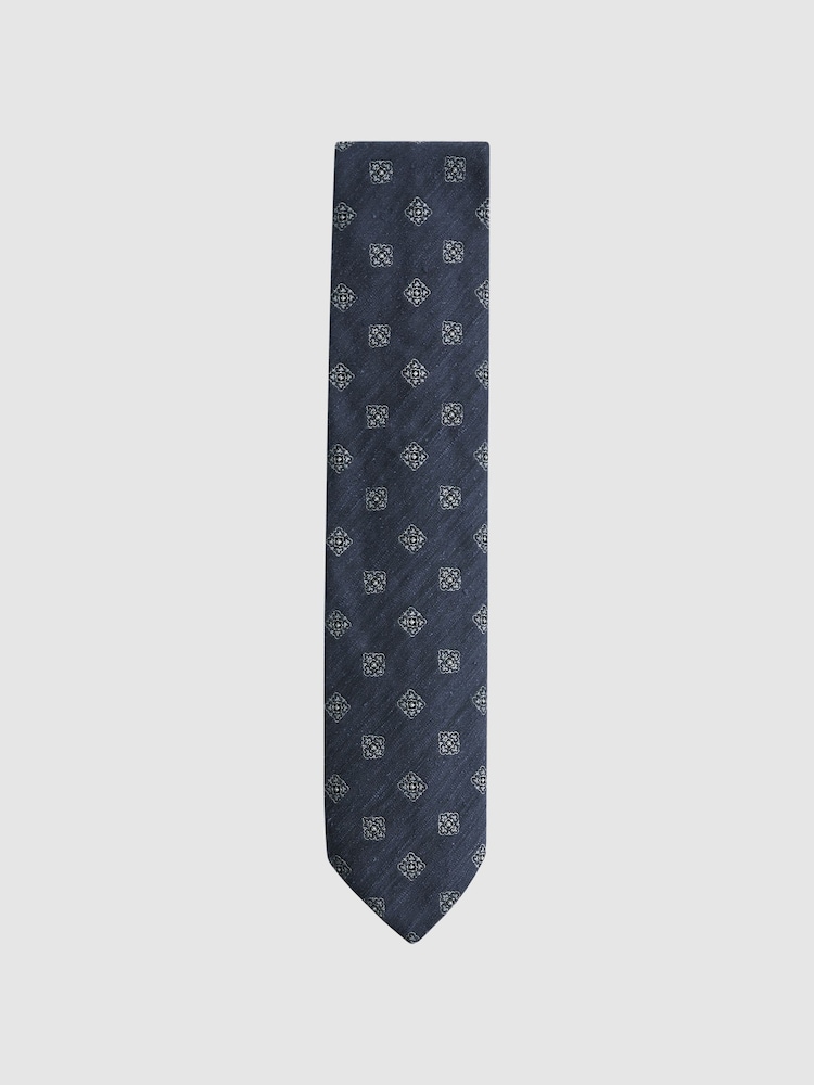 Reiss Navy Capraia Textured Silk Medallion Tie - Image 1 of 6