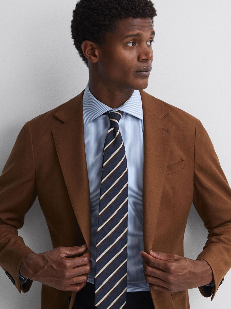 Reiss Navy Dino Wool-Cotton Striped Tie - Image 2 of 5 Reiss Navy Dino Wool-Cotton Striped Tie - Image 2 of 5