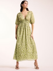 Green 100% Cotton Shirred Maxi Dress - Image 1 of 5