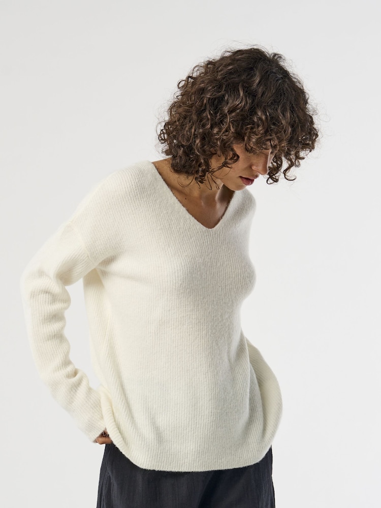 ONLY White V-Neck Puff Sleeve Knitted Jumper - Image 1 of 7