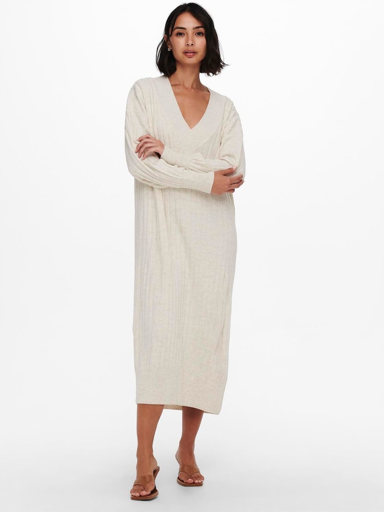 ONLY Cream V-Neck Midi Knitted Jumper Dress - Image 1 of 6
