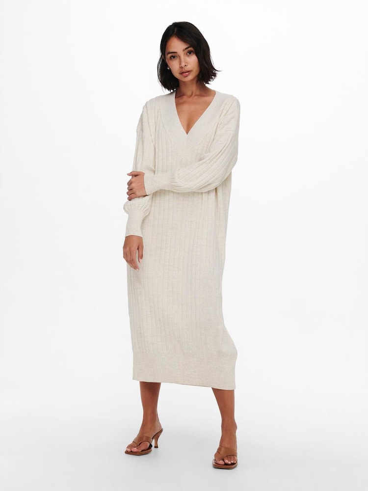 ONLY Cream V-Neck Midi Knitted Jumper Dress - Image 2 of 6
