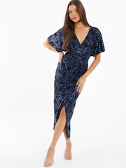 Quiz Blue Flock Batwing Wrap Maxi Dress - Image 1 of 3