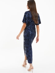 Quiz Blue Flock Batwing Wrap Maxi Dress - Image 2 of 3
