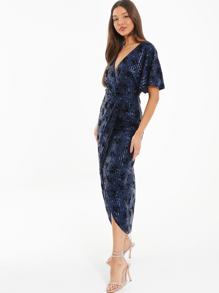 Quiz Blue Flock Batwing Wrap Maxi Dress - Image 3 of 3