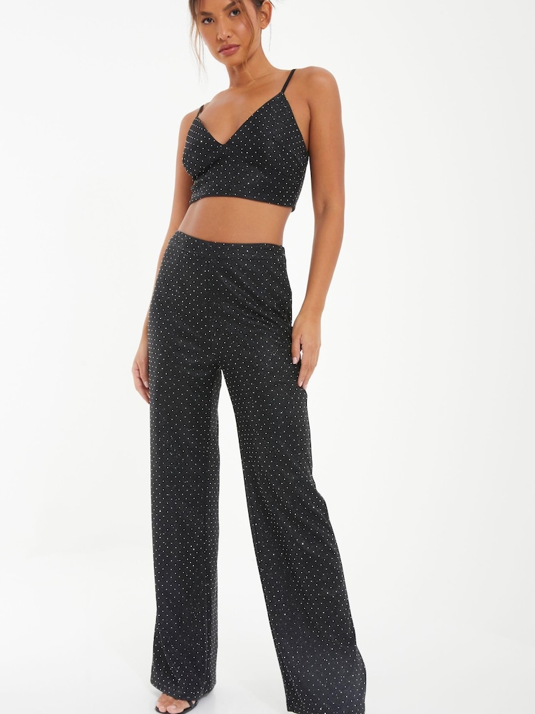 Quiz Black Rhinestone Glitter Woven Trousers - Image 1 of 5