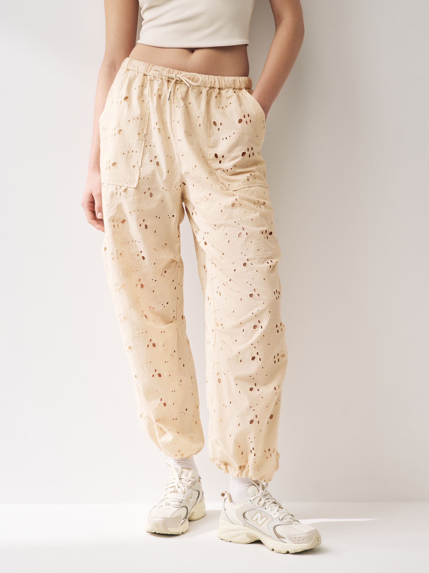 Buy Stone 100 Cotton Broderie Cargo Trousers from Next Luxembourg