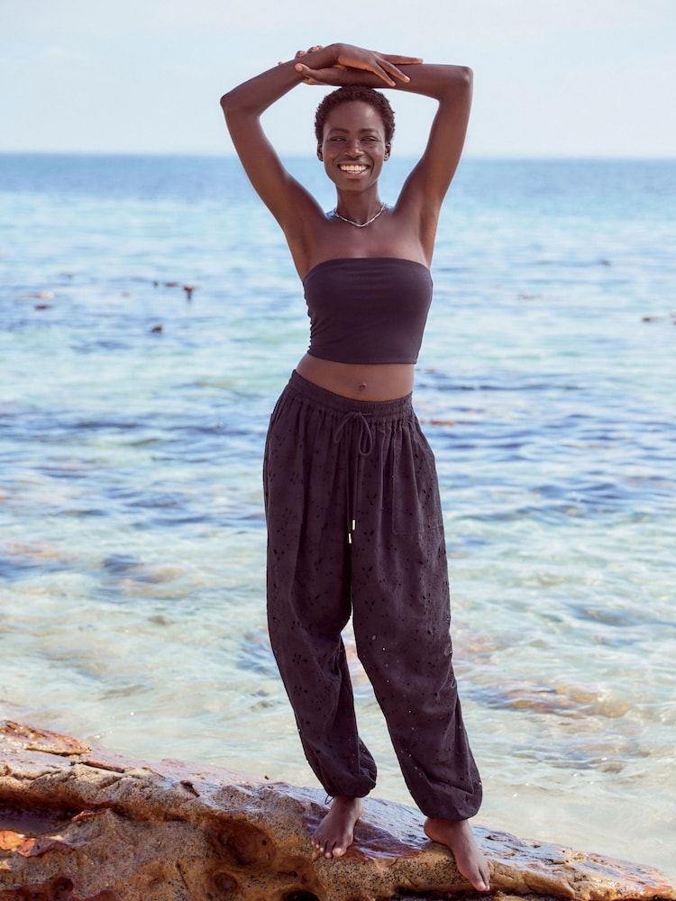 Black 100% Cotton Broderie Cargo Trousers - Image 2 of 8