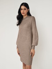 PIECES Brown High Neck Knitted Balloon Sleeve Jumper Dress - Image 1 of 4