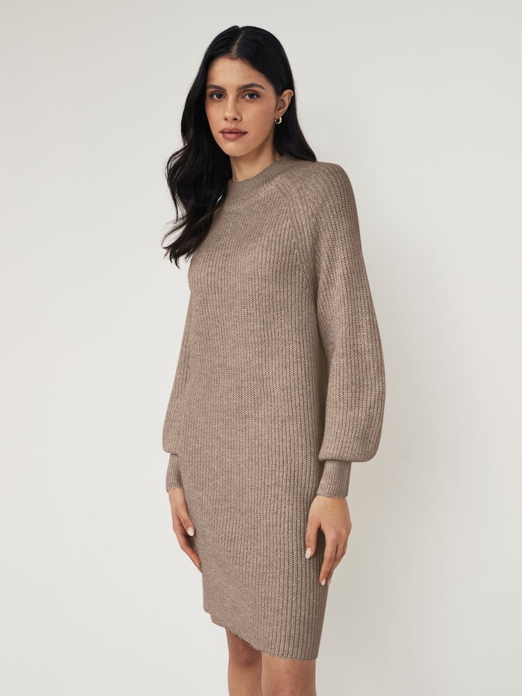 PIECES Brown High Neck Knitted Balloon Sleeve Jumper Dress - Image 1 of 4 PIECES Brown High Neck Knitted Balloon Sleeve Jumper Dress - Image 1 of 4