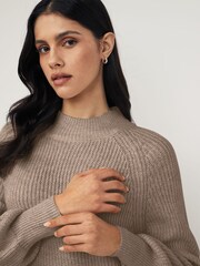 PIECES Brown High Neck Knitted Balloon Sleeve Jumper Dress - Image 3 of 4