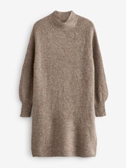 PIECES Brown High Neck Knitted Balloon Sleeve Jumper Dress - Image 4 of 4