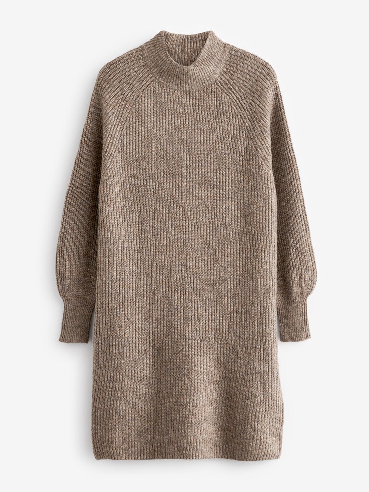 PIECES Brown High Neck Knitted Balloon Sleeve Jumper Dress - Image 4 of 4