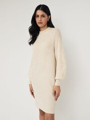 PIECES Cream High Neck Knitted Balloon Sleeve Jumper Dress - Image 1 of 5
