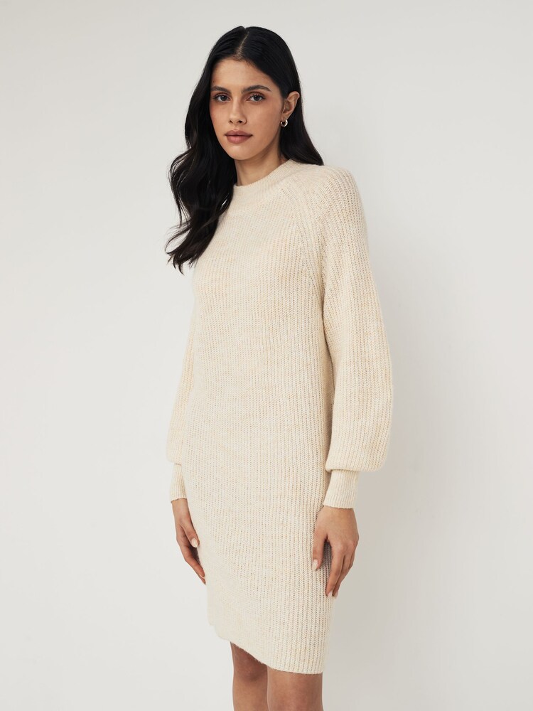 PIECES Cream High Neck Knitted Balloon Sleeve Jumper Dress - Image 1 of 5