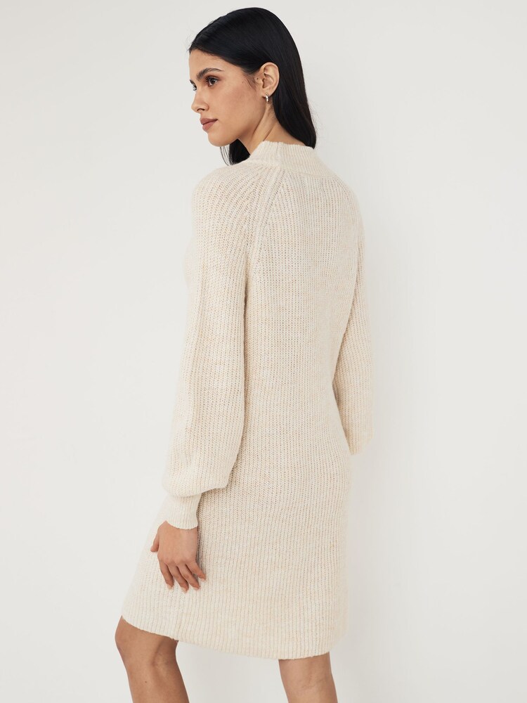 PIECES Cream High Neck Knitted Balloon Sleeve Jumper Dress - Image 2 of 5