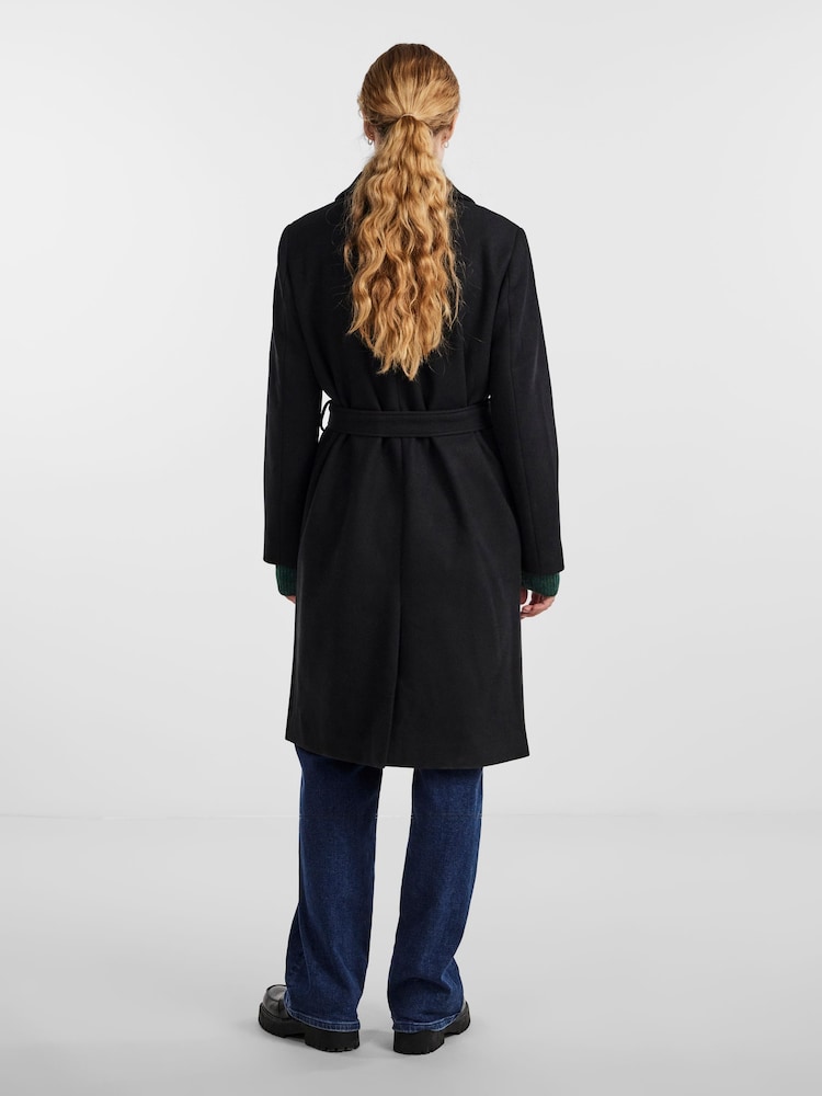 PIECES Black Tie Waist Button Up Smart Coat - Image 2 of 6