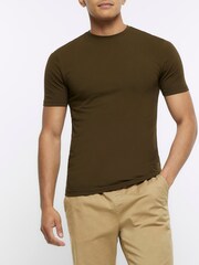 River Island Khaki Green Muscle Fit T-Shirt - Image 1 of 5