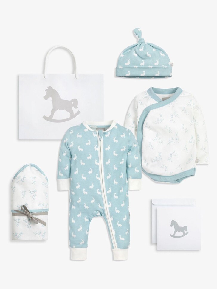 The Little Tailor Blue Luxury 4 Piece Baby Gift Set; Jersey Blanket, Sleepsuit, Bodysuit And Jersey 100% Cotton Hat