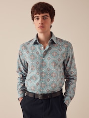 Green/Burgundy Red Geometric Regular Fit Printed Trimmed Shirt - Image 1 of 7