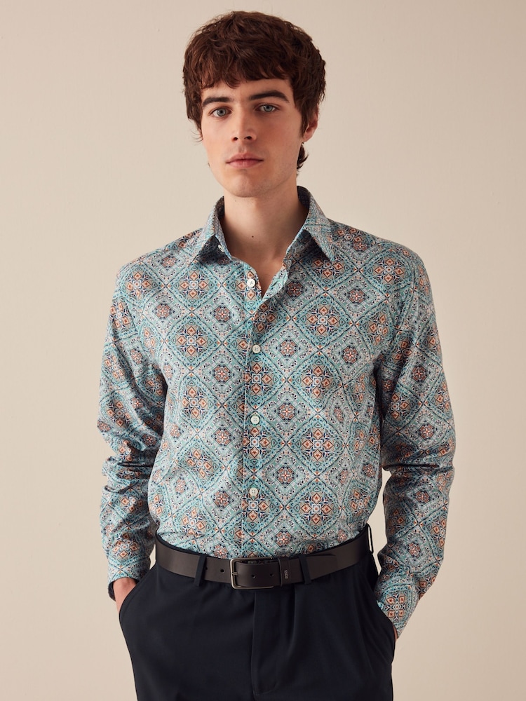 Green/Burgundy Red Geometric Regular Fit Printed Trimmed Shirt - Image 1 of 7