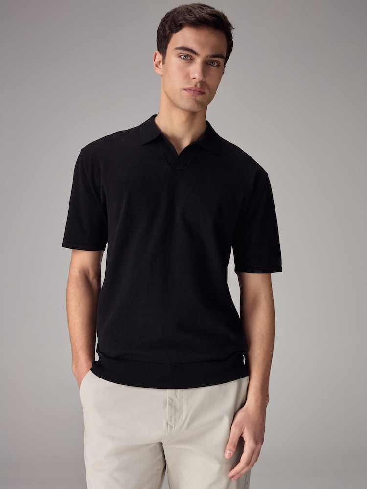 Black Knitted Regular Fit Trophy Polo Shirt - Image 1 of 7