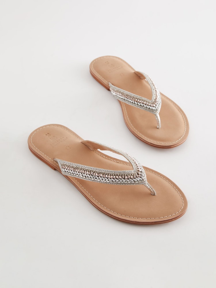 Silver Standard/Wide Fit Forever Comfort® Leather Embellished Toe Thong Sandals - Image 1 of 5