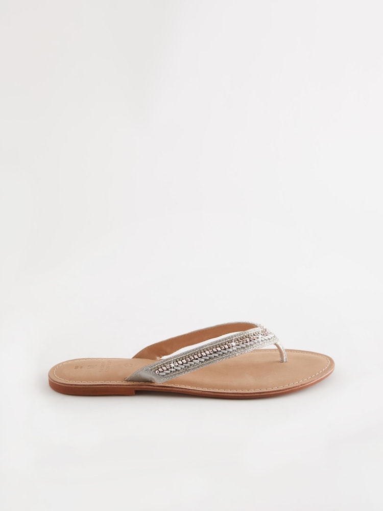 Silver Standard/Wide Fit Forever Comfort® Leather Embellished Toe Thong Sandals - Image 2 of 5 Silver Standard/Wide Fit Forever Comfort® Leather Embellished Toe Thong Sandals - Image 2 of 5