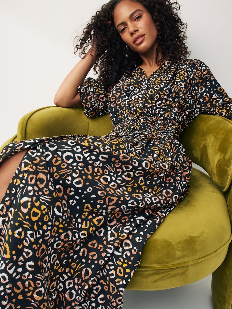 True Animal Print Puff Sleeve Midi Dress - Image 1 of 6 True Animal Print Puff Sleeve Midi Dress - Image 1 of 6