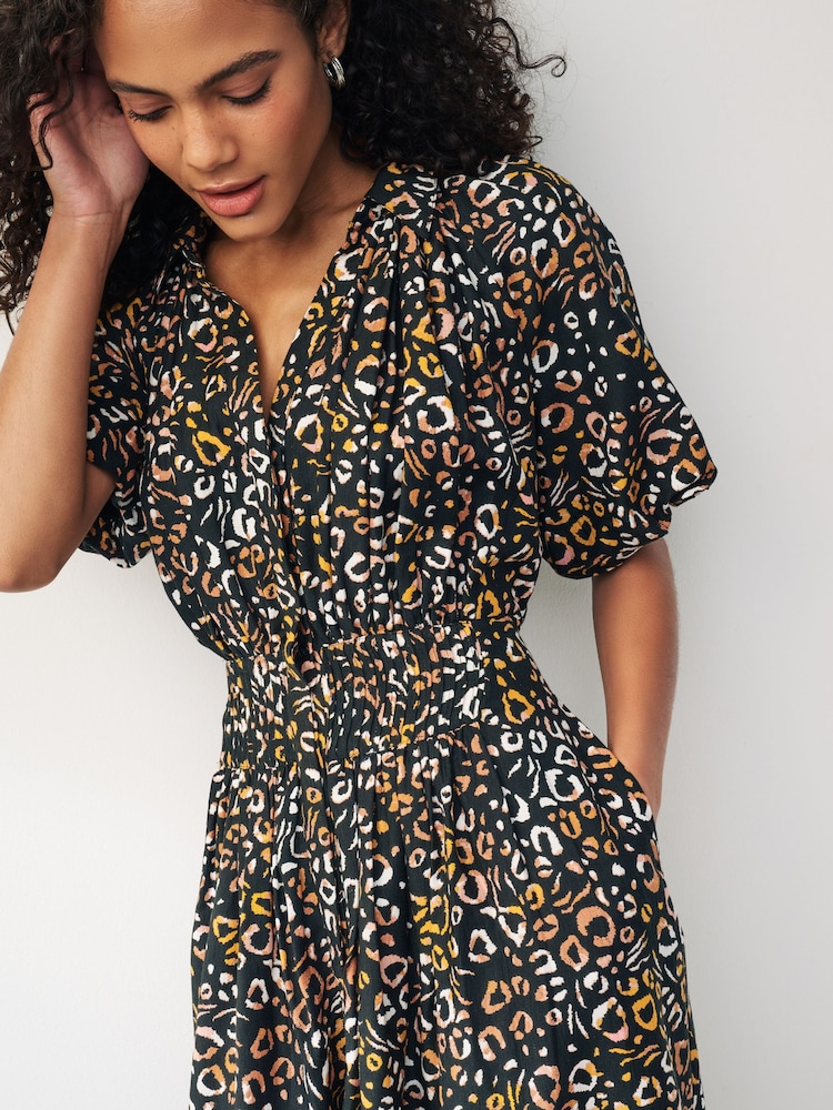 True Animal Print Puff Sleeve Midi Dress - Image 2 of 6 True Animal Print Puff Sleeve Midi Dress - Image 2 of 6