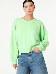 Apple Green Raw Hem Detail Washed Crew Neck Sweatshirt - Image 1 of 6
