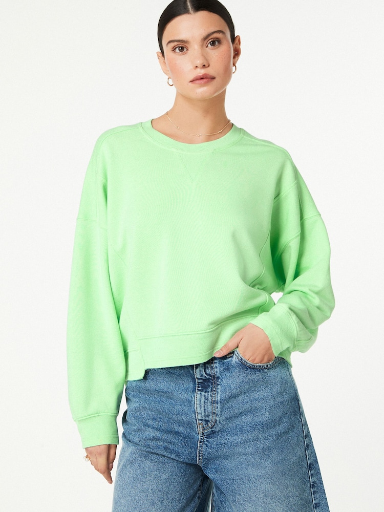 Apple Green Raw Hem Detail Washed Crew Neck Sweatshirt - Image 1 of 6